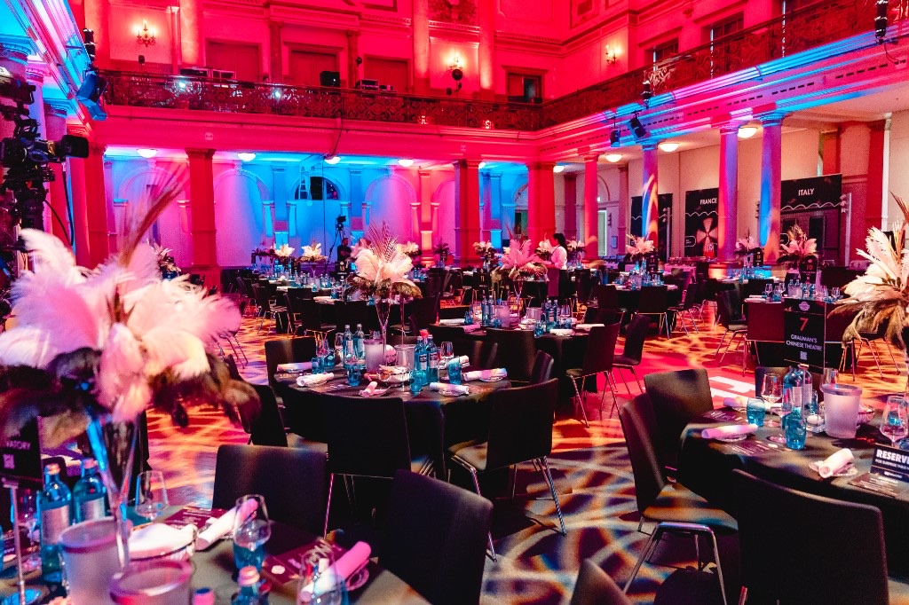 Lighting technology Frankfurt: event lighting with uplights, ambience and gobo projection at a gala in the Palmengarten
